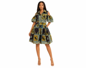 Women's African Print Cold Shoulder Dress Free & Plus Size Cotton Blend Collared Mini Dress