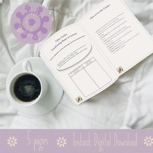 May include: An open book with the title "Taboo Tracker: Transforming Shame to Curiosity" and a cup of coffee on a saucer. The book has a list of instructions and blank tables. The image also includes the text "5 pages" and "Instant Digital Download".