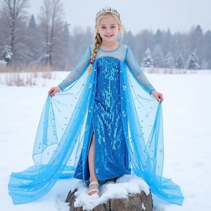 Elsa Princess Dress for Girls – Blue Snow Queen Costume with Sequins & Train