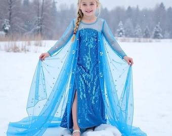 Abito da principessa Elsa per bambine - Costume da regina delle nevi blu con paillettes e strascico