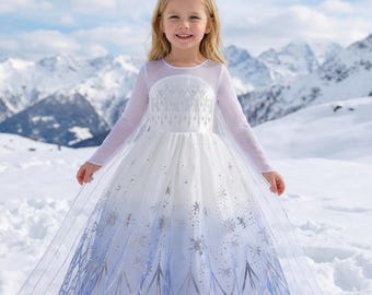 Vestido de princesa inspirado en Elsa: vestido azul de copo de nieve, capa de tul