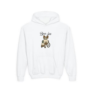 May include: White hoodie with a graphic of a ghost in a wheelchair, wearing sunglasses and a bow tie. The ghost is holding a coffee cup. The text "Boo-jee" is above the graphic.