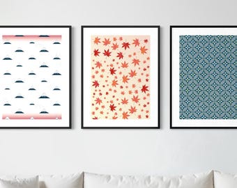 Set of 3 Japanese Art Prints, Mount Fuji Maple Shippo, Japandi Gallery Wall Set, Digital Download