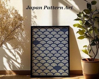 Sensu Japanese Fan Printable Wall Art, Navy and Gold Minimalist Style, Digital Download