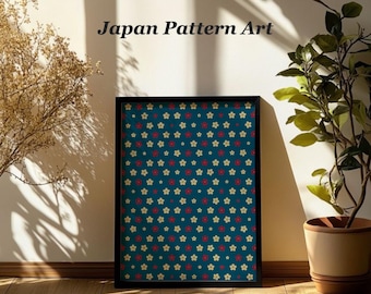 Sakura Cherry Blossom Printable Wall Art, Teal and Cream Japanese Pattern, Digital Download