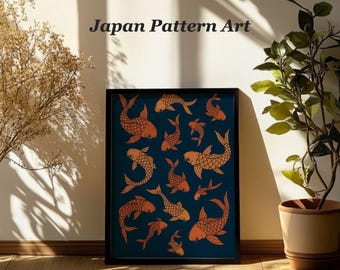 Japanese Koi Printable Wall Art, Navy and Orange Minimalist Style, Digital Download