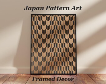 Yagasuri Japanese Arrow Feather Framed Wall Art, Black and Tan Geometric Style, Ready to Hang