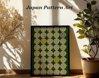 Rasen Japanese Spiral Printable Wall Art, Forest Green and Gold Pattern, Digital Download