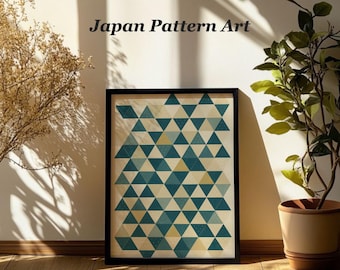 Uroko Japanese Scale Pattern Printable Wall Art, Teal and Beige Geometric Style, Digital Download