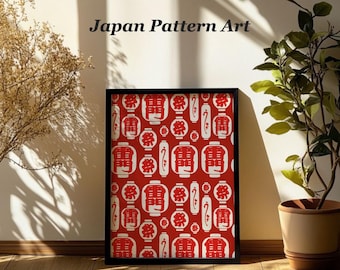 Japanese Festival Lantern Printable Wall Art, Bold Red Chochin Pattern, Digital Download
