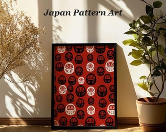 Daruma Japanese Printable Wall Art, Red and Black Good Luck Gift, Digital Download
