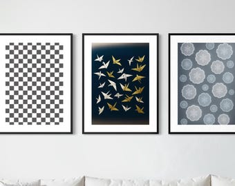 Set of 3 Japanese Art Prints, Ichimatsu Origami Crane Yukiwa, Japandi Gallery Wall Set, Digital Download