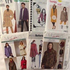 May include: A collection of seven sewing pattern envelopes from brands including New Look, Burda Style, McCall's, and Butterick. Each envelope features illustrations of various jackets, coats, and capes, along with printed text, barcodes, and sizing information.