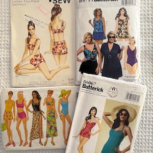 May include: Four vintage sewing patterns for swimsuits. The patterns are from Kwik Sew and Butterick. The illustrations depict various two-piece and one-piece swimsuit designs, with sizes ranging from 8 to 14.