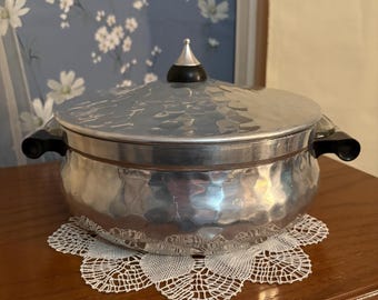 Vintage 1950s Hammered Aluminum Casserole from Spain with Fire King 2 qt Divided Glass Insert
