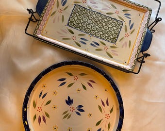Set of 2 Temptations Old World Pattern Bakeware Serveware ~ Round and Rectangular with Rack
