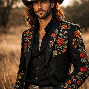Svart broderad blommig herrkavaj – Western cowboyjacka, handgjord boho festivalkappa