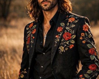 Zwarte geborduurde bloemenblazer voor heren – westerncowboyjas, handgemaakte boho-festivaljas