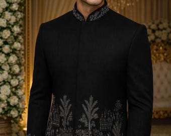 Classic Black Sherwani with Intricate Embroidery | Wedding Groom Outfit