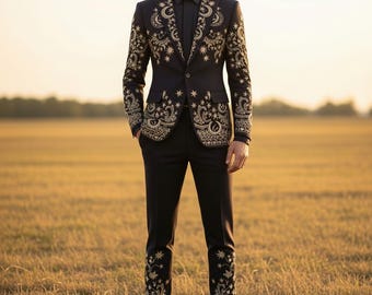 Traje de hombre negro bordado, esmoquin dorado con estampado floral, ropa formal de diseñador.