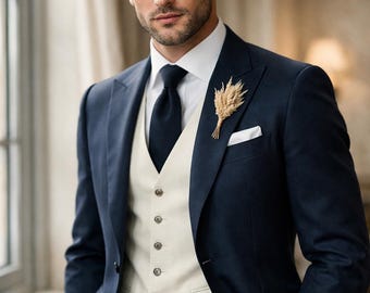 Men's Navy Blue 3-Piece Wedding Suit, Ivory Waistcoat, Custom Tailored