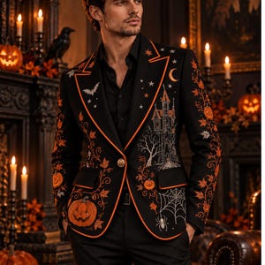 Può includere: Un blazer nero con profili arancioni e ricami complessi raffiguranti un castello stregato, zucche, una ragnatela, un ragno, un pipistrello, stelle, una luna crescente e foglie autunnali. La giacca presenta una chiusura a bottone singolo.