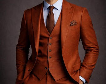 Burnt Rust Slim Fit 3-Piece Suit with Classic Waistcoat
