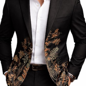 Chaqueta de traje negra con bordados botánicos, ropa formal de lujo para hombre, blazer para bodas, novios y graduaciones.