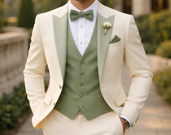 Men's White 3-Piece Suit, Bespoke Wedding Party Wear, Groom Attire Formal