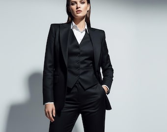 May include: A three-piece black suit with a white collared shirt. The suit includes a blazer, vest, and trousers. The model is wearing the suit and has one hand in their pocket. The background is a solid light gray.