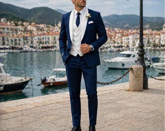 3 Piece Navy Blue Tuxedo for Men, Wedding Suit Groom Outfit, Formal Prom Suit, Elegant Slim Fit Suit