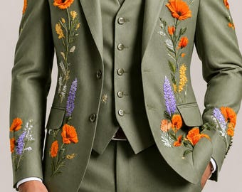 Olive Green Floral Embroidered 3-Piece Suit, Groom Wedding Attire