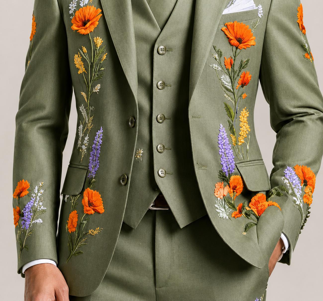 Olive Green Floral Embroidered 3-Piece Suit, Groom Wedding Attire