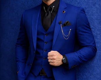 Royal Blue Slim Fit 3-Piece Suit, Wedding Groom Prom Formal Blazer Vest Pants