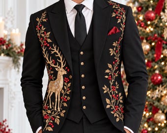 Men's Black Christmas Embroidered Suit, Gold Reindeer, Winter Botanicals (3-Piece Formal Outfit)