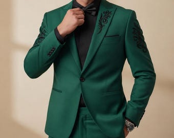 Emerald Green Embroidered Men’s Suit – Luxury Gold Wedding Tuxedo, Handmade Groom Outfit