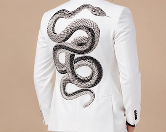 Men's White Snake Embroidered Suit, Luxury Wedding Slim Fit Blazer Set