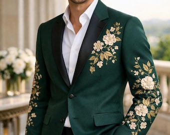 Emerald Green Embroidered Men’s Blazer – Luxury Floral Wedding Jacket