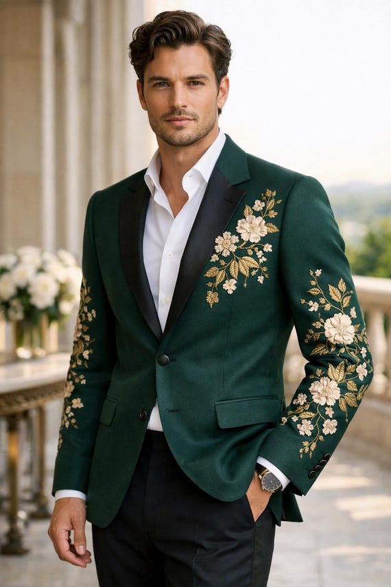 emerald green dress jacket Embroidered Men's Blazer – Luxury Floral Wedding Color:As Pictured plus size black evening micas-ca Mens suit and evening celebrations