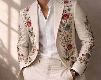 Men's Ivory Linen Suit, Floral Embroidered, Wedding Groom Attire, Custom Tailored Jacket
