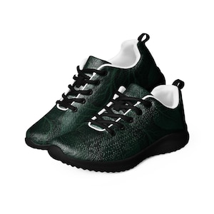 May include: A pair of athletic shoes with a dark green leaf pattern. The shoes have black laces, a white interior, and a black sole. The design covers the entire shoe, creating a cohesive and stylish look.