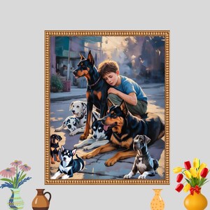 Peut inclure: Une œuvre d'art encadrée représente un garçon avec plusieurs chiens de races différentes, dont un Dobermann et un dalmatien. L'œuvre est dans un cadre doré et présente une palette de couleurs chaudes.