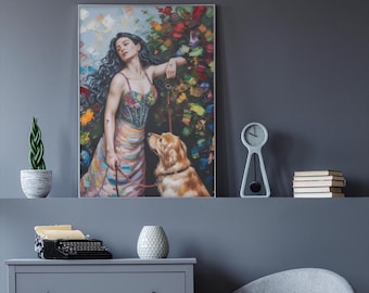 Art numérique femme promenant son chien : nature lunatique imprimable