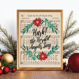 Noter till Hark the Herald Angels Sing, julpsalmtryck, väggkonst, vintagedekoration, utskrivbara noter, kristen, kransdekor