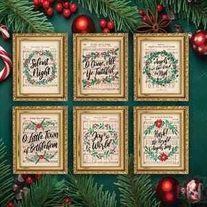 May include: Six framed Christmas song prints. Each print features a different song title in elegant script, surrounded by a wreath of green leaves and red berries. The frames are gold, and the background is a festive green.