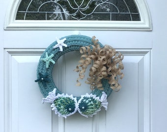 Crochet Beach cottage wreath,baby’s nursery wreath,coastal home decor,Pisces,Cape Cod summer wreath,tropical wall art,puffer fish wreath