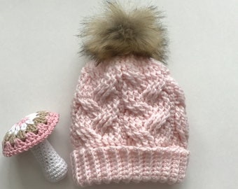 Crochet cable baby toddler winter hat,pink baby hat with snap on Pom pom,handmade,Valentines day gift for baby,double brim hat