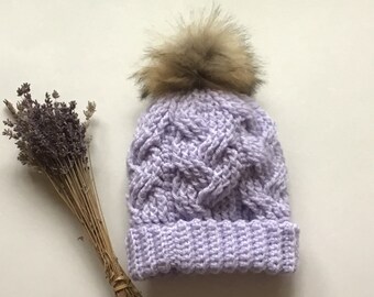 Crochet cable baby toddler winter hat,lavender baby hat with snap on Pom pom,handmade,Valentines day gift for baby,double brim hat