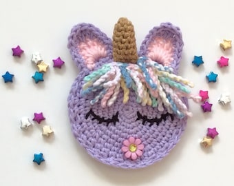 CROCHET Unicorn PATTERN PDF Applique,Easter candy pouch,baby blanket applique,clothing pocket,amigurumi unicorn,photos and video links