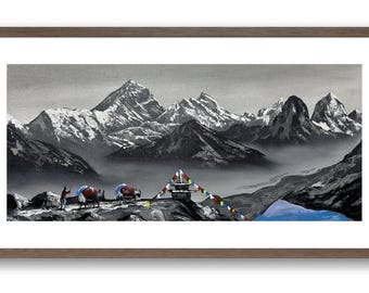 THAPA 油絵　ヒマラヤ山脈 Himalayan Mountain Stupa Wall Art, Original Watercolor Painting